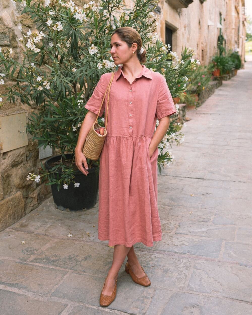 New Sauths Elaine Relaxed Fit Natural Linen Midi Dress in Coral Size XL